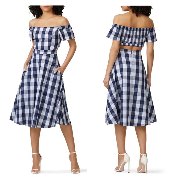Adelyn Rae Daisy Dress Size Medium Gingham Off Shoulder Open Back Blue White - Picture 1 of 15
